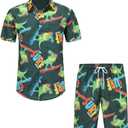 Men's Hawaiian Shirts and Shorts Set 2 Pieces Summer Beach Vacation Casual Button Down Short Sleeve Shirts Outfits (Black)
