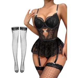 Lilosy Sexy Stocking Rhinestones Heart Garter Underwire Floral Mesh lace Sheer Babydoll Lingerie Teddy Bodysuit Skirt Set (Black, XS)