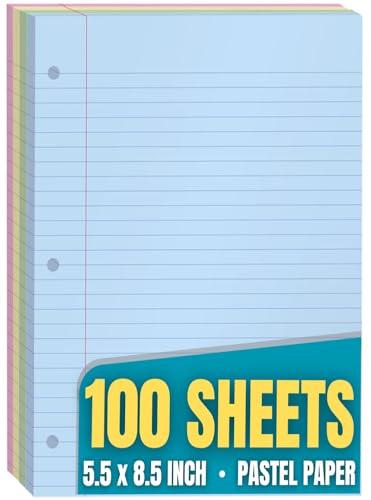 1InTheOffice 5.5 x 8.5 Paper, Pastel, College Ruled Mini Binder Paper, Loose Leaf Paper, Assorted Color, 100 Pack