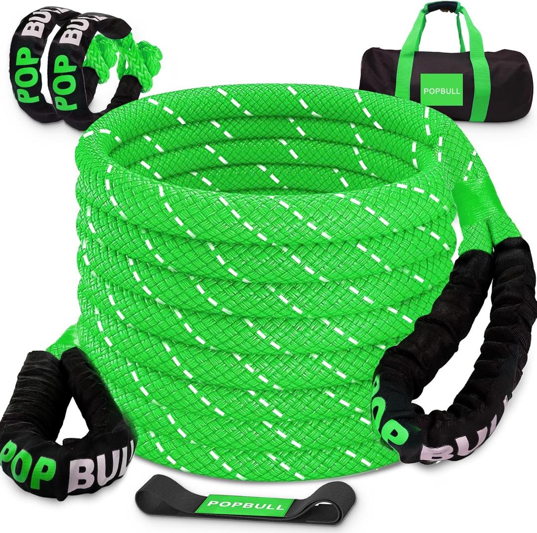 Kinetic Recovery Rope,(1.26in x 30ft Green) 55000LBS Snatch Strap, Heavy Duty Stretch Nylon Towing Ropes with 2pcs Soft Shackles for Offroad Vehicle, Jeep, SUV, ATV, Tractor Elastic Ropes Kit
