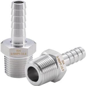 304 Stainless Steel Hose Fitting, 3/8" Barb x 3/8" NPT Male Thread, Air & Water Connector, 2-Pack