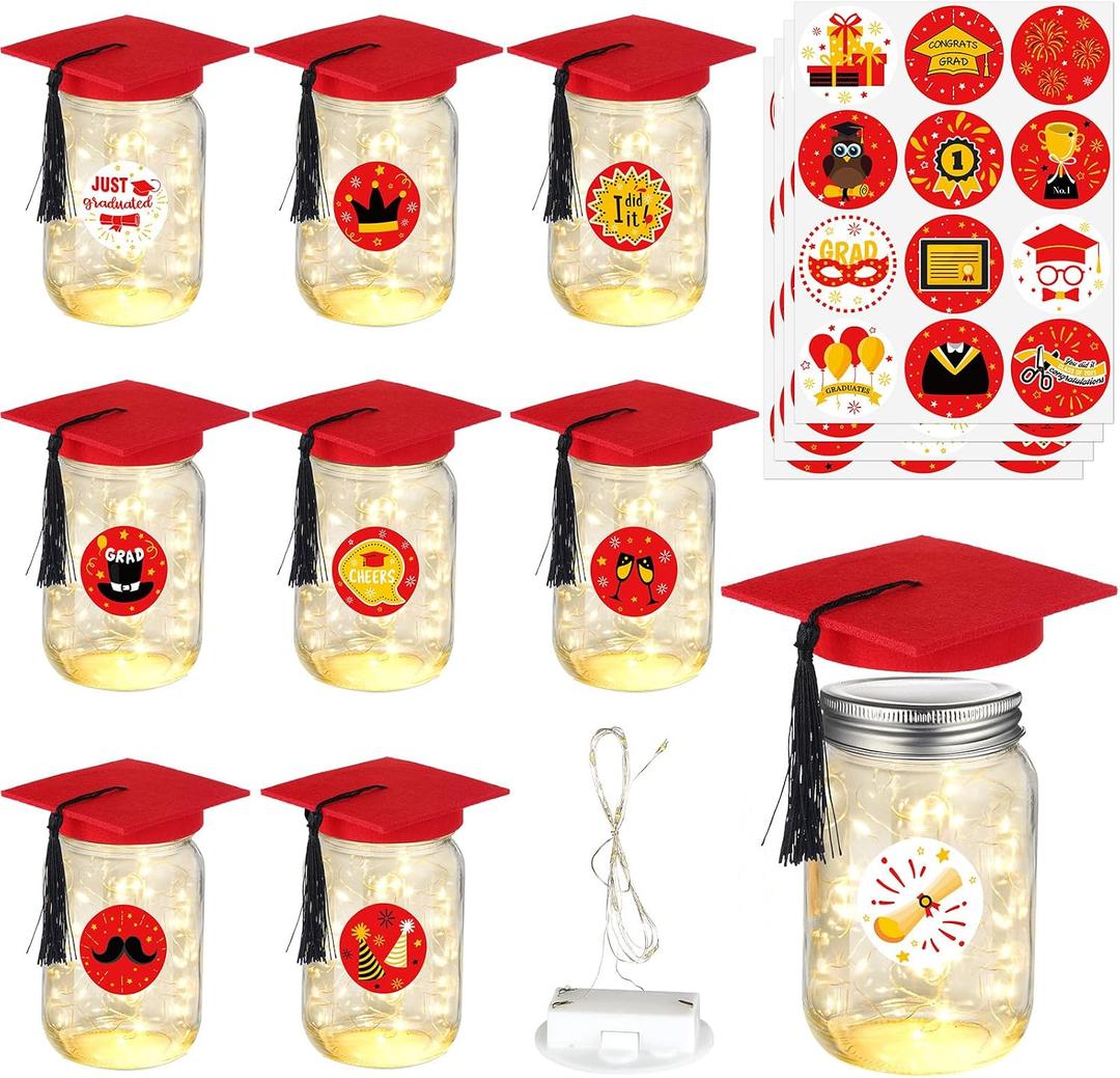 8 Pack 2026 Graduation Centerpieces for Tables Mason Glass Jar Centerpieces with LED Lights Graduation Party Decorations Set with Caps and Stickers for High School College Congrats Grad Decor Supplies