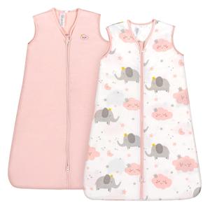 TILLYOU Sleep Sack 18-24 Months - 0.5 TOG Baby Wearable Blanket with 2-Way Zipper, Extra Soft Cotton Sleeveless Sleeping sack 2 Pack, Pink Elephant & Cloud, XL