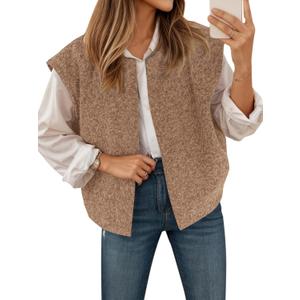 Yousify Womens Fuzzy Vest Cap Sleeve Crew Neck Knit Sweater Fall Casual Open Front Vest Outerwear (Large, Coffee)
