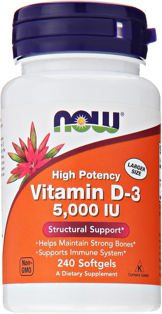 NOW Foods Supplements, Vitamin D-3 5,000 IU, High Potency, Structural Support*, 240 Softgels (EXP 09/01/29)