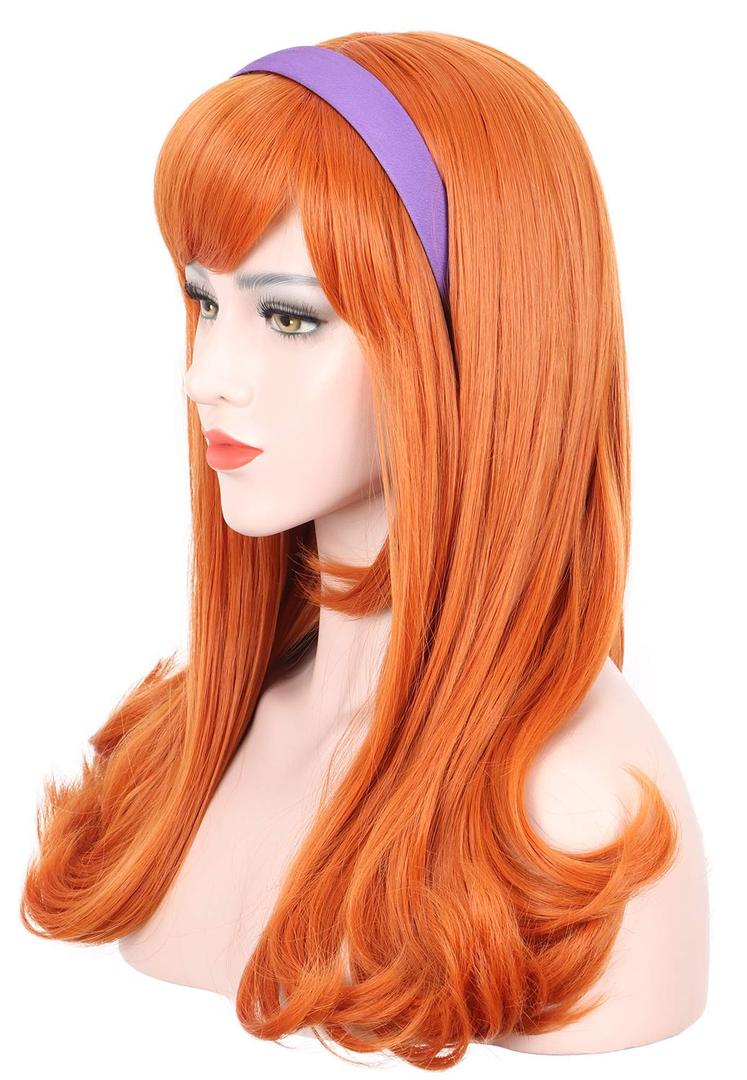 karlery Adult Women Long Curly Orange Bangs Wig Halloween Cosplay Costume Party Wig (Free Purple Headband and Wig Cap)