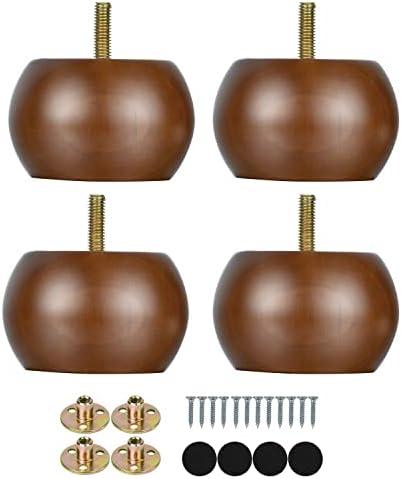 Maricome 2 Inch Bun Furniture Feet Walnut Round Solid Wooden Ottoman/Couch/Sofa Legs Set of 4 Pre-drilled M8 Bolt with Metal Brackets