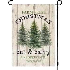 Farm Fresh Christmas Tree Garden Flag 12x18 Inch Double Sided Outside, Rustic Farmhouse Xmas Winter Holiday Outdoor Seasonal Yard Porch Decoration (Green)