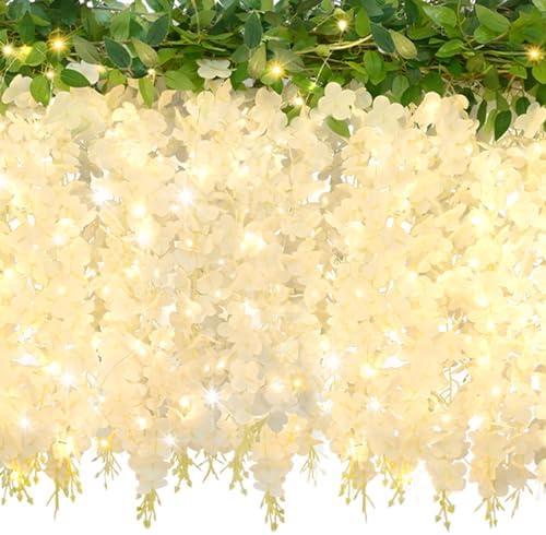 48 Branches Wisteria Hanging Flowers with 32.8 Ft Lights, White Fake Hanging Flowers Fake Flowers for Wedding Arch Party Garden Home Backdrop Decor