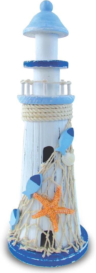 Puzzled COTA Global Light Blue Stripes Lighthouse Decor - Handmade and Crafted Wooden Lighthouse Decoration with Starfish, Decorative Beach Style Tabletop Centerpiece  11.5 Inch