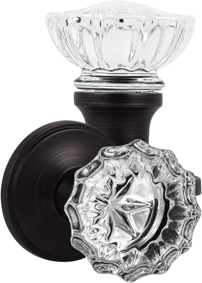 KNOBWELL 4 Pack Providence Round Crystal Door Knob Set with Victorian Plate Rosettes in Oil Rubbed Bronze Interior Glass Door Knob Without Lock for Hall/Closet