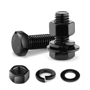 1/2-13 x 1-1/4" Hex Head Screw Bolt, Nuts, Flat & Lock Washers, 10Pcs 18-8 (304) Stainless Steel, Fully Threaded, Black Oxide by SG TZH