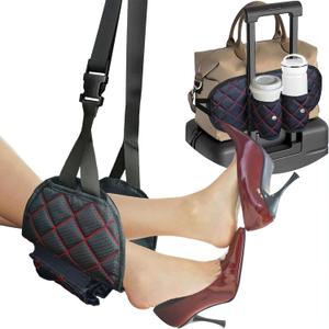 3 in 1 Airplane Footrest Foot Hammock with Luggage Cup Holder & Suitcase Strap to Relax Your Feet and Free Hands, Travel Essentials, Black