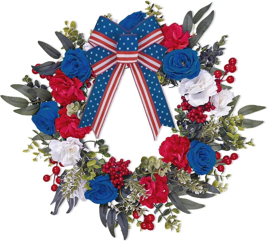 15.7 Inch Patriotic Wreaths for Front Door 4th of July Fourth Garland Memorial Day Wreaths American Flag Garland for Independence Day Indoor Outdoor Door Wall Decor Home