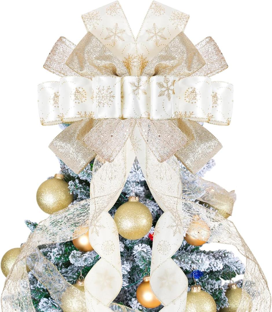 Christmas Tree Topper Bow, 52 Inch Large Tree Topper Bow with Streamers for Holiday Indoor Outdoor Decorations, Champagne, 1 Pcs
