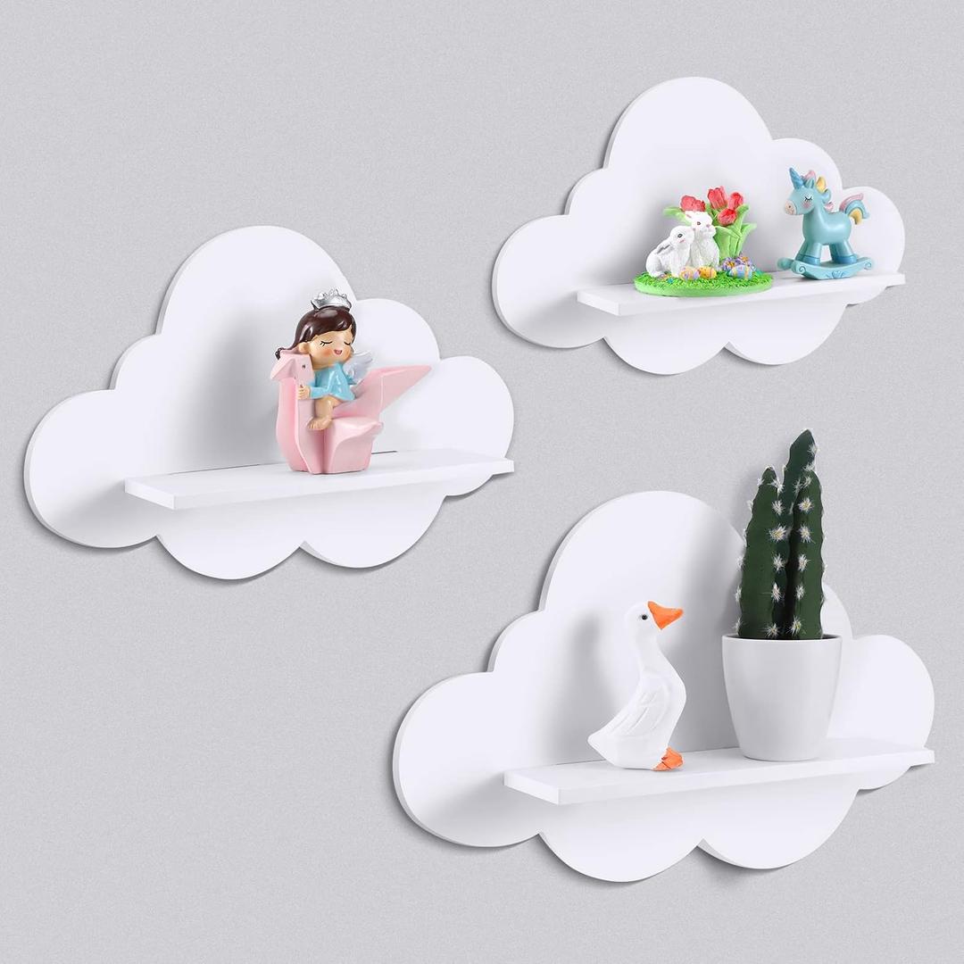 Tatuo 3-Piece Wavy Floating Shelves - Cute Cloud Daisy Flower Plant Wall Shelf, Kawaii Danish Room Decor, Funky Squiggle Preppy Book Shelf (White, Cloud)