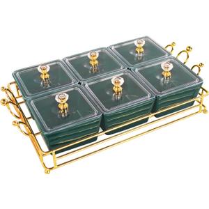 YA JU Ceramic Bowls and with Lid Gold Basket Trays, 6 Removable Small Bowls Condiment Trays Nut Serving Set for Snacks, Fruits, Candy and Condiments - Great for Parties, Holiday Gifts, Green