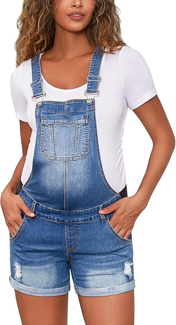 Bhome Maternity Overall Shorts Summer Maternity Denim Short Jeans Bib Overall Adjustable Buckle Straps (Small, Blue)