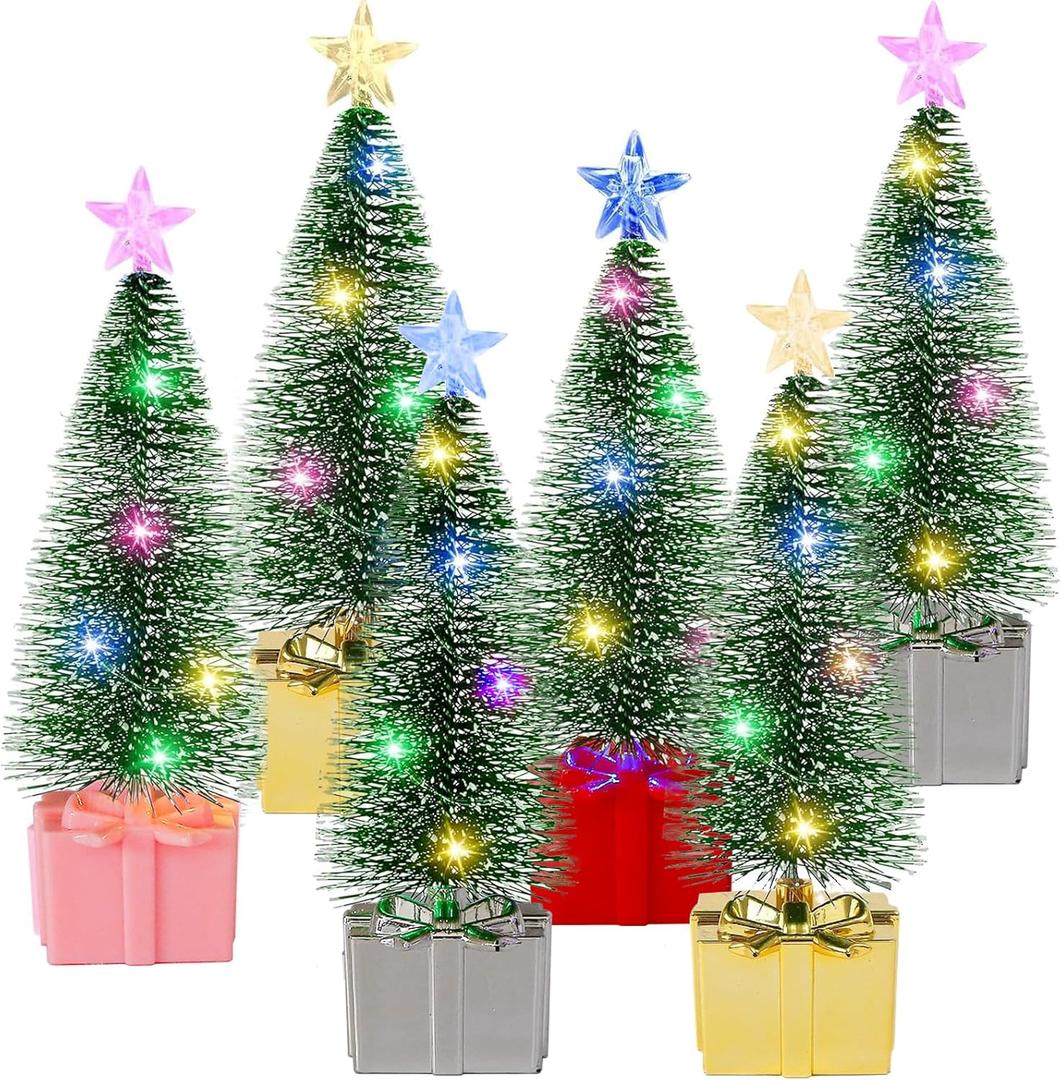 6 Pack Mini Christmas Tree with Lights Small Artificial Christmas Tree Decorations Xmas Tree Figurines for Indoor Christmas Home Party Tabletop Centerpieces Decor