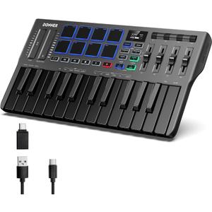 USB MIDI Keyboard Controller, 25 Key Portable MIDI with 8 Backlit Drum, OLED Screen Display for PC/MAC, Music Production Software Included, Donner DMK25 Pros with 40 Free Courses, Black