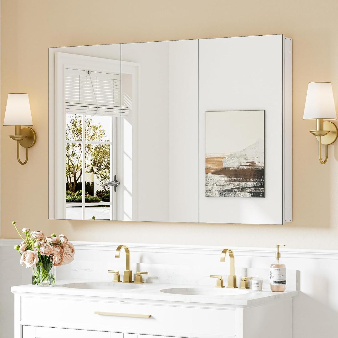Keonjinn 48 x 32 Inch Large Medicine Cabinet Mirror, Assembly Required, White Bathroom Medicine Cabinets, Aluminum Framework, Adjustable Shelves, Tempered Glass, Soft Closing, Recessed or Wall Mount