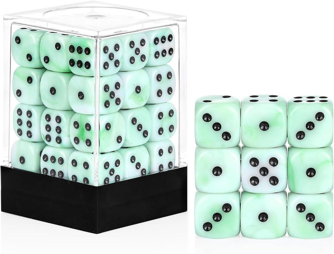 36 Pieces 12mm 6 Sided Mini Dice Set, Mixed Colours Swirls D6 Game Dice Set,6 Sided Standard Game Dice for Board Games Dice Games Classroom Teaching Dices Game, with Portable Gaming Box (Green & White)