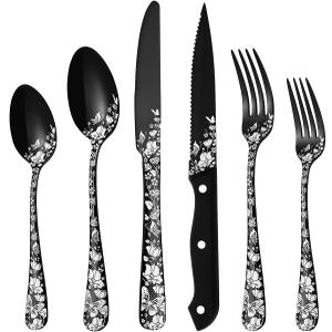Stapava 24 Pcs Black Silverware Set with Steak Knives for 4, Stainless Steel Flatware Cutlery Set, Include Forks Spoons and Knives set, Mirror Polished, Dishwasher Safe Utensils for Home Restaurant