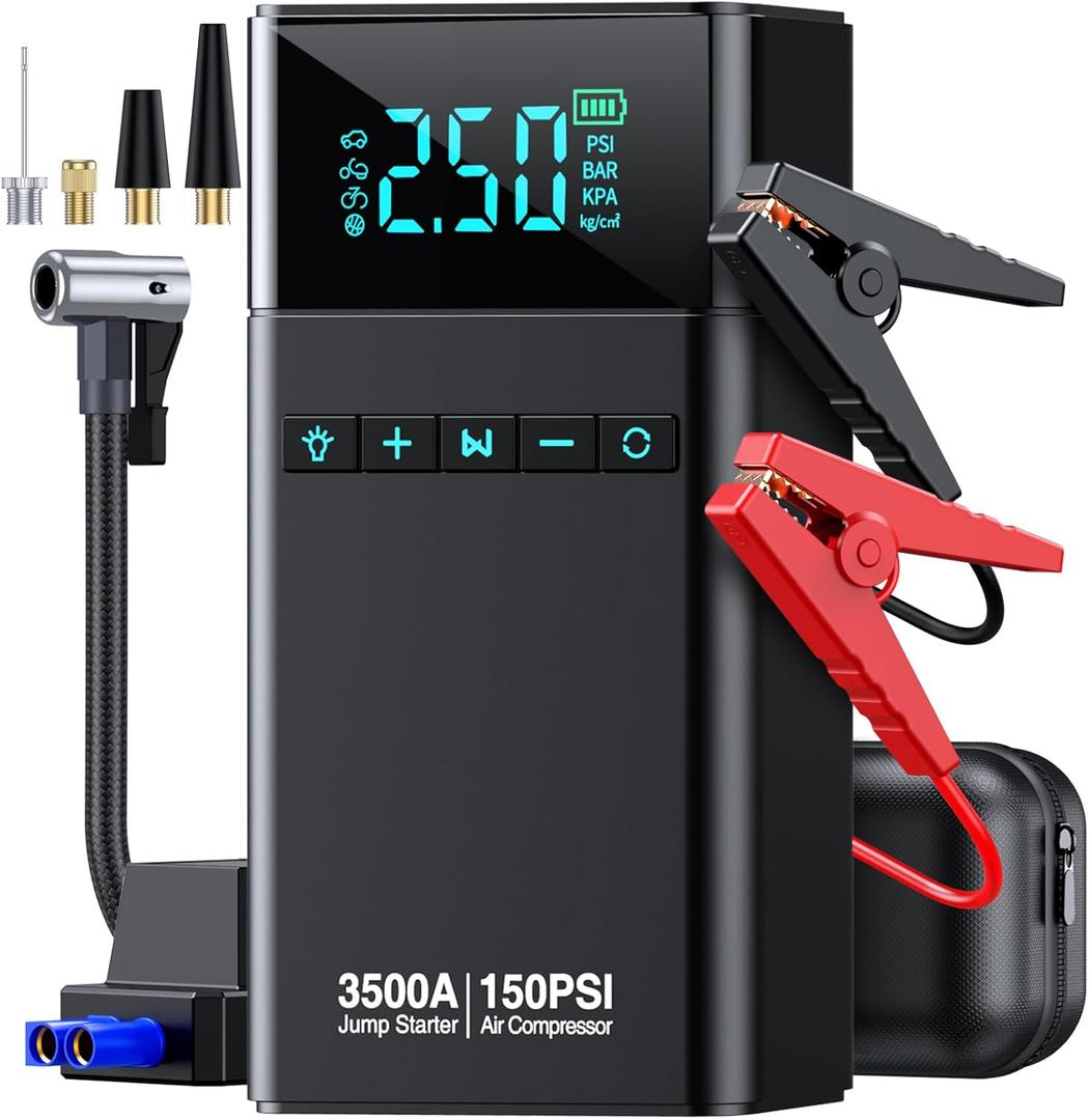 10-in-1 Portable Car Battery Jump Starter with Air Compressor 3500A 21800mAh 150PSI Jump Starter 12V Jump Box (All Gas 12L Diesel), Car Battery Jumper Starter Portable Jumper Cables, Lights (Black)