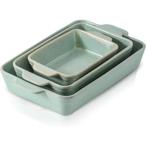 HVH 9x13 Baking Dish Set, Large Casserole Dishes for Oven, Ceramic Bakeware Set of 3, Rectangular Lasagne Pan Deep for Baking (Turquoise)