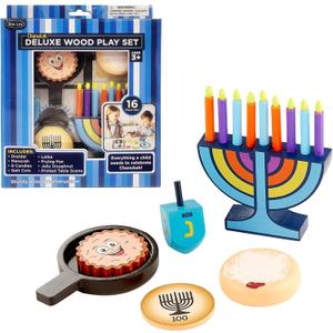 Rite Lite My Mini Wood Menorah Deluxe Set with Removable Wood Candles with Jelly Doughnut, Dreidel, Pan, Latke, Gelt Coin Decor Hanukkah Gifts Decorations Centerpiece Jewish Holiday Party Favors