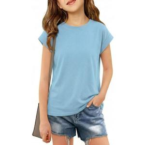 Girls Cap Sleeve T Shirts Kids Summer Crewneck Solid Tops Tees 5-14 Years (Blue)