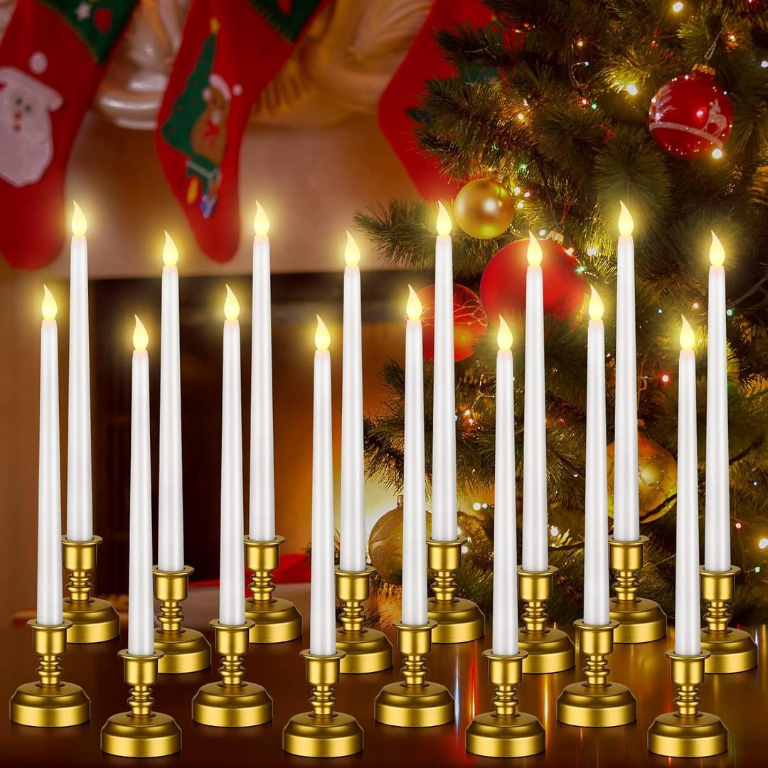 Fumete 16 Pcs Flameless Candles with Gold Base Battery Powered Taper White Candles Battery Operated LED Candlesticks for Party Home Dinner Decorations