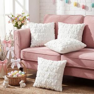 Moukeren Bow Pillow Covers 18x18 Inch Set of 4, Cute Bunnies & Bowknot Design, Soft Plush Coquette Room Decor, Fluffy Spring Decorative Pillowcases for Couch Bed Sofa Living Room(White)