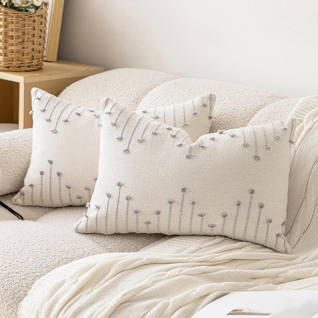 LILEPOY Boho Throw Pillow Covers 12x20 Set of 2 Neutral Decorative Textured Cushion Case Farmhouse Pillowcase Modern Lumbar Pillow Covers for Sofa,Couch, Living Room,Beige and Grey