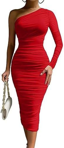 LAGSHIAN Women's Elegant Bodycon One Shoulder Long Sleeve Ruched Midi Cocktail Party Dress, Large