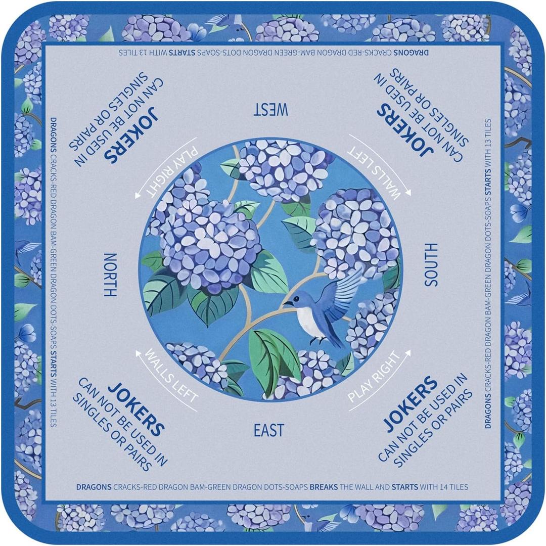 Tegeme Chinoiserie Mahjong Mat 31.5" x 31.5" Hydrangeas Mat Anti Slip and Noise Reduction Multi Purpose Game Table Cover Non-Slip Noise Reduction Gaming Rug for Mahjong, Card, Board Tile Game, Flower, Birds, 31.5" X 31.5"