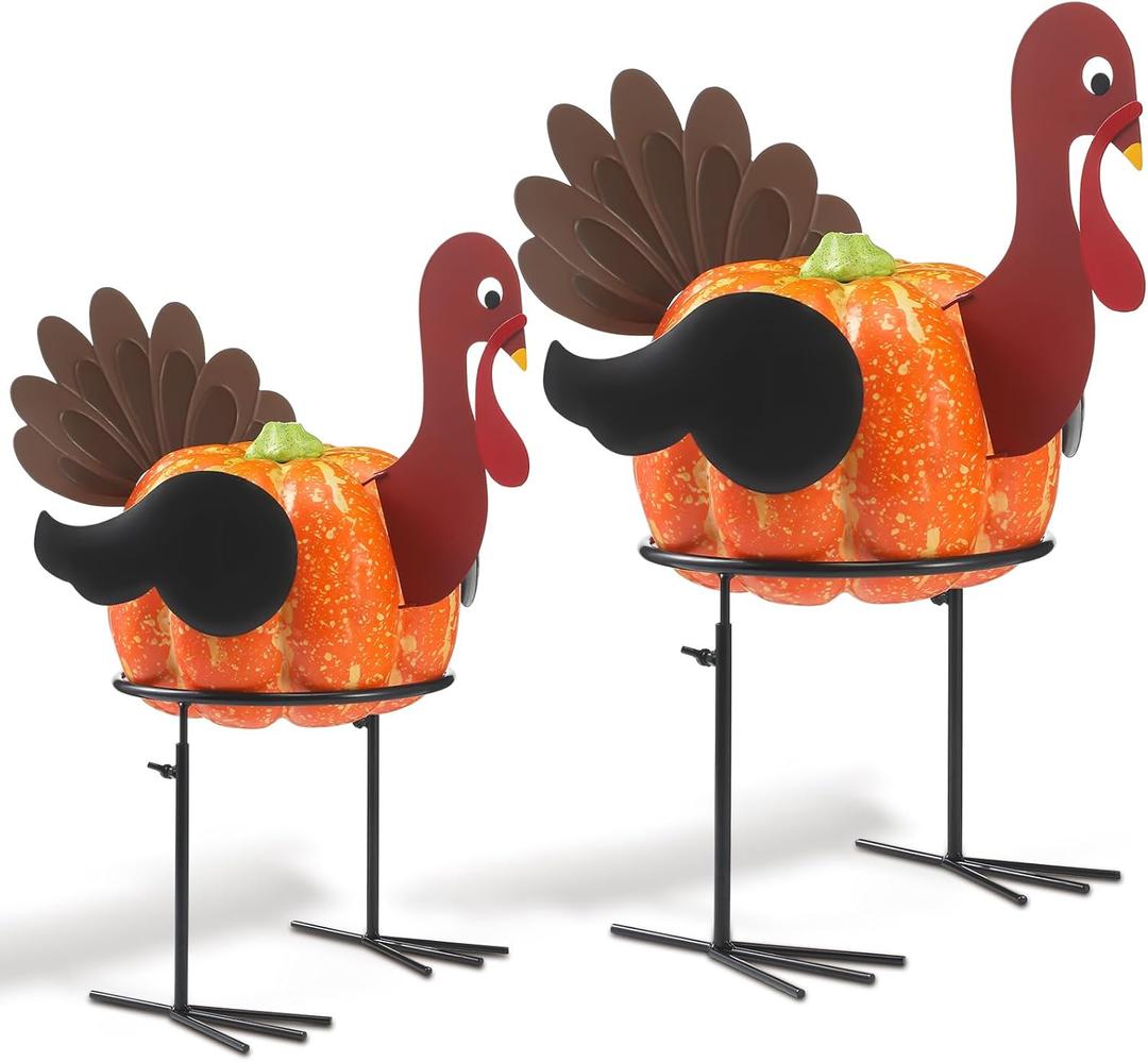 2 Pack Turkey Pumpkin Holder Stand - Colorful Turkey & Pumpkin Making Kit with Metal Stand for Thanksgiving & Outdoor Decor