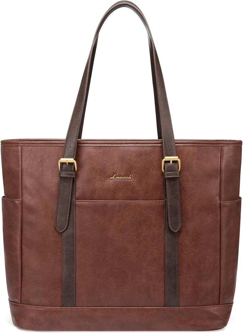 LOVEVOOK Laptop Tote Bag for Women,Vintage Leather Work Tote Bag for Women, 15.6 Inch Computer Briefcase Bag,Waterproof Teacher Business Office (Earthy Brown With Dark Brown)