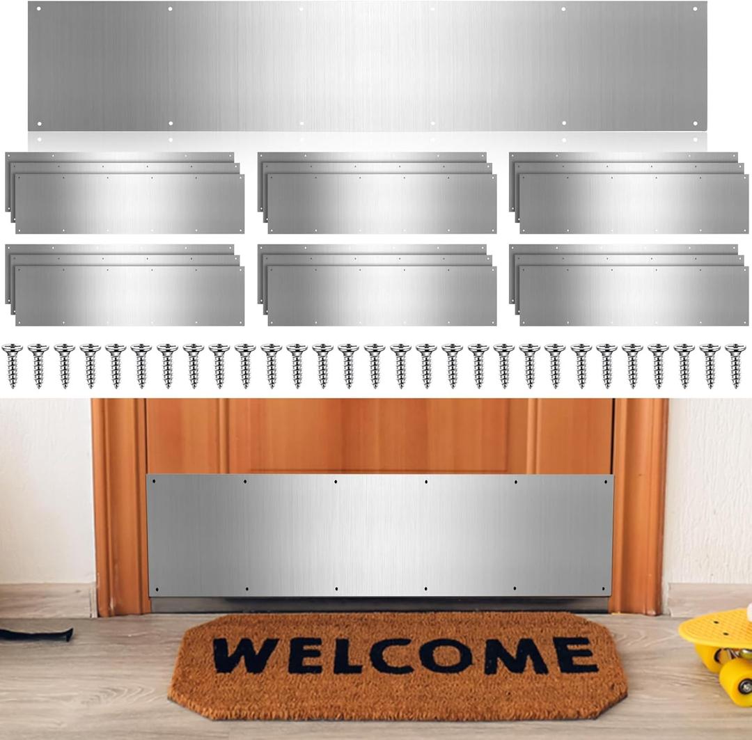 Therwen 5 Sets 8 x 36 Inches Silver Door Kick Plate for Exterior Doors, Satin Aluminum Kick Plates with Screws for Wood Metal Interior/Exterior Anti Scratch Door Protection