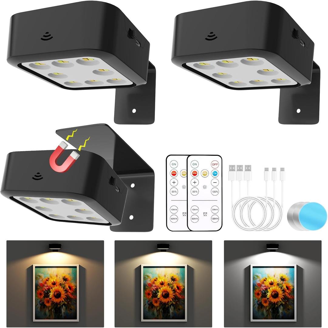 3 Pack Picture Lights for Wall, Rechargeable Battery Operated Wall Lights, Picture Frame Lights with 3 Lighting Modes, Wireless Magnetic Painting Light with Remote Control Timer (Black, 3 Pack)
