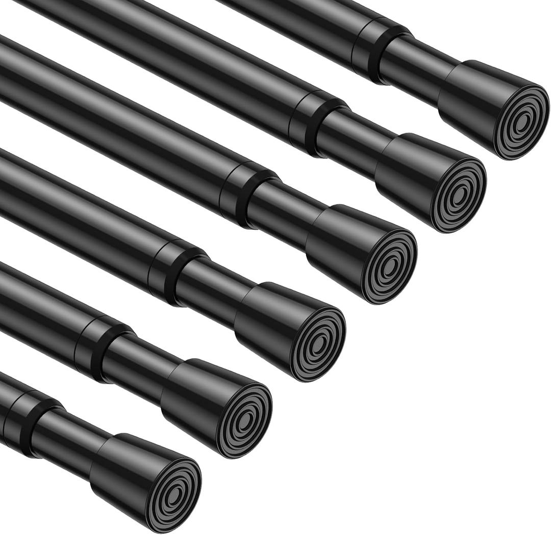 MEXAU 6PCS Small Tension Curtain Rod 27 to 38 Inch,Black Short Curtain Rods No Drilling,Loaded Expandable Spring Curtain Rods for Windows Kitchen,Closet,Cupboard,Door,Bookshelf