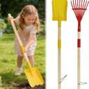 2 Pcs Kids Rake and Shovel Set,28" Toddler Size Metal Snow Shovel & Leaves Rake with Wooden Handle, Real Gardening Tools for Child Age 3 for Little Helpers in Winter Yard Fun
