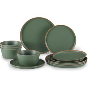 Melamine Dinnerware for 4, 12 Pieces Unbreakable Matte Plastic Plates and Bowls set, Kitchen Dish set BPA Free, Dishwasher Top Safe, Not Microwave, Not Oven (Green)