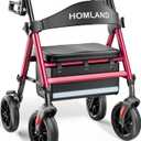 HOMLAND Rollator Walkers for Seniors with Seat, 8" All Terrain Wheels, Durable Aluminum Frame, Lightweight Foldable Walker with Ergonomic Seat, Height Adjustable Rolling Walker