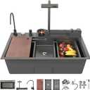 33x22x10 In Black Smart Kitchen Sink Digital Display Ambient Light Multifunction Waterfall Kitchen Sinks 8 Gauge Metal Black Stainless Steel Single Bowl Workstation Sink With Soap Dispenser