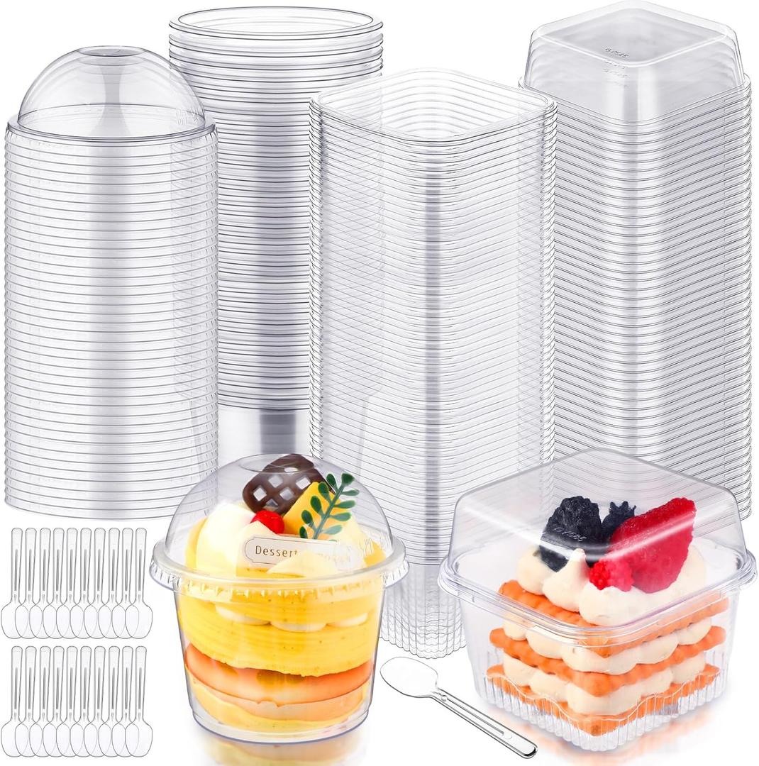 Jingmore 400 Pcs Plastic Dessert Cups with Lids and Spoons, 8 oz 9 oz Clear Dessert Parfait Appetizer Cups Square Disposable Party Serving for Yogurt Puddings Fruits Ice Creams Cakes