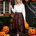 Witch Tulle Skirts for Women, Velvet Bats Double-Layered Mesh Elastic Waist Tutu Midi Skirt Halloween Costume (XS)