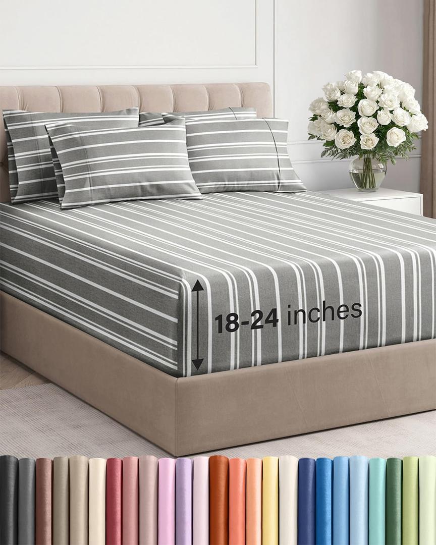 Extra Deep Queen Sheet Set - 6 Piece Breathable and Cooling Sheets - Hotel Luxury Bedding for Women, Men, Kids & Teens - Easy Secure Fit - Soft and Wrinkle Free with Extra Deep Pockets - Grey Stripes