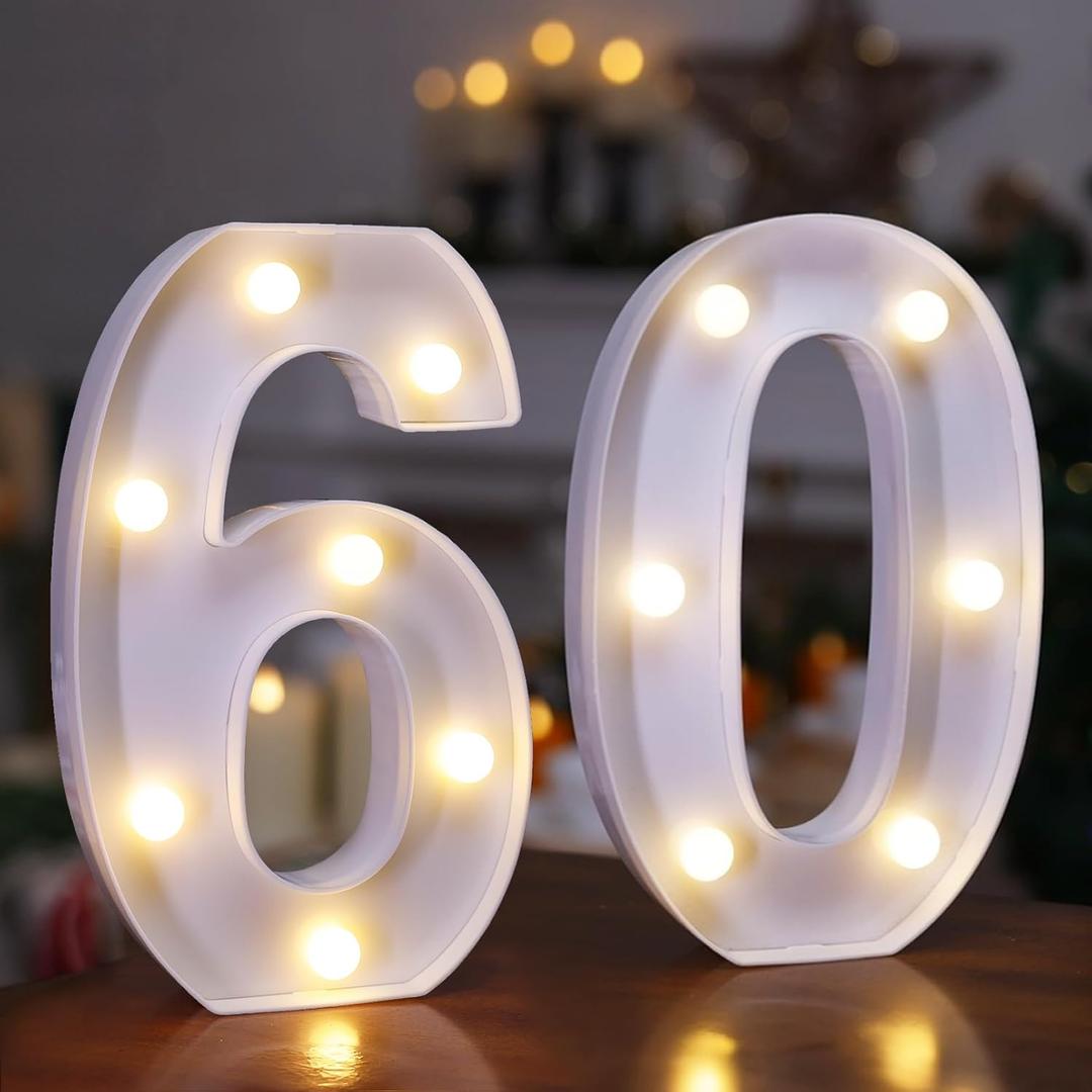 60th Birthday Decoration Light Up Letters, Battery Powered LED Numbers Marquee Number Sign for 60th Party Home Decor Night Light