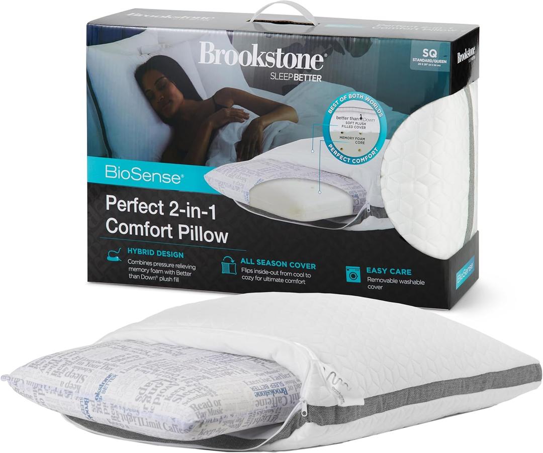 Brookstone 2-in-1 Comfort Memory Foam Pillow with Better Than Down Fill for Firm Yet Plush Feel - Innovative Hybrid Design Soft Bed Pillow with Dual-Sided Cool & Warmth Comfort All Seasons